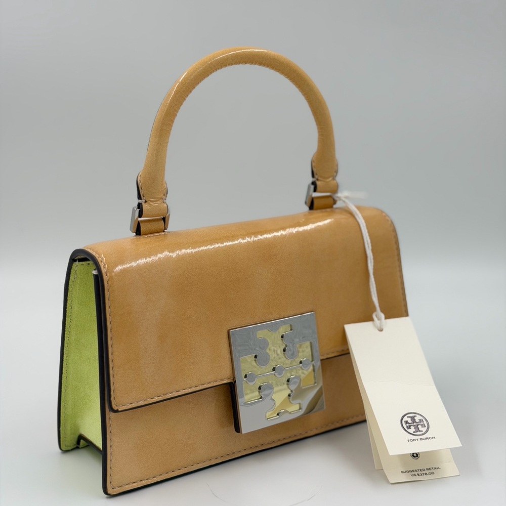 Tory Burch Trend Texture Patent Mini Top-Handle Satchel — Light Mango — BNWT